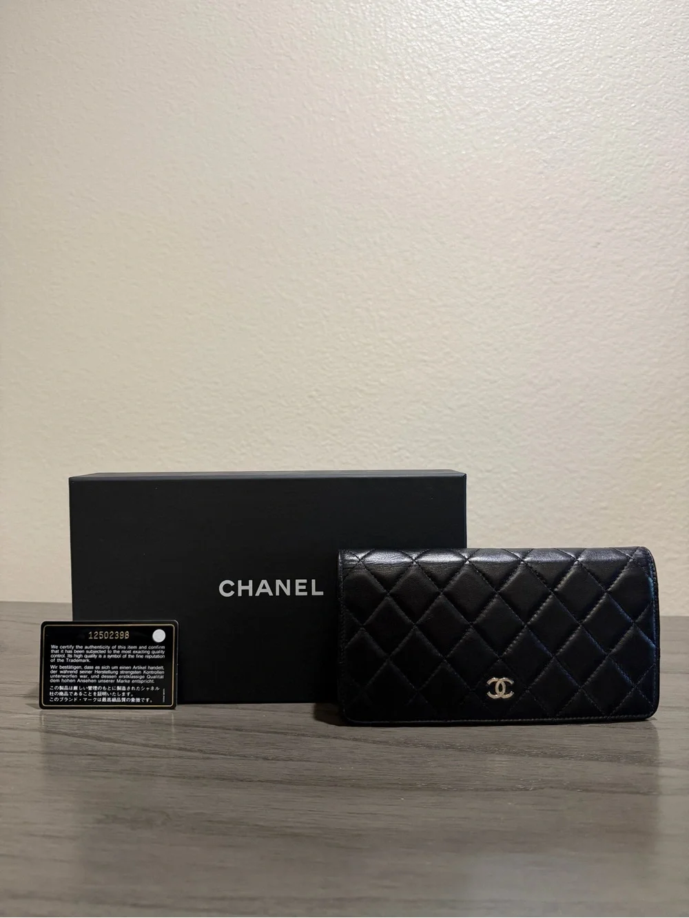 CHANEL Black Quilted Lambskin Long Wallet with Silver CC Logo